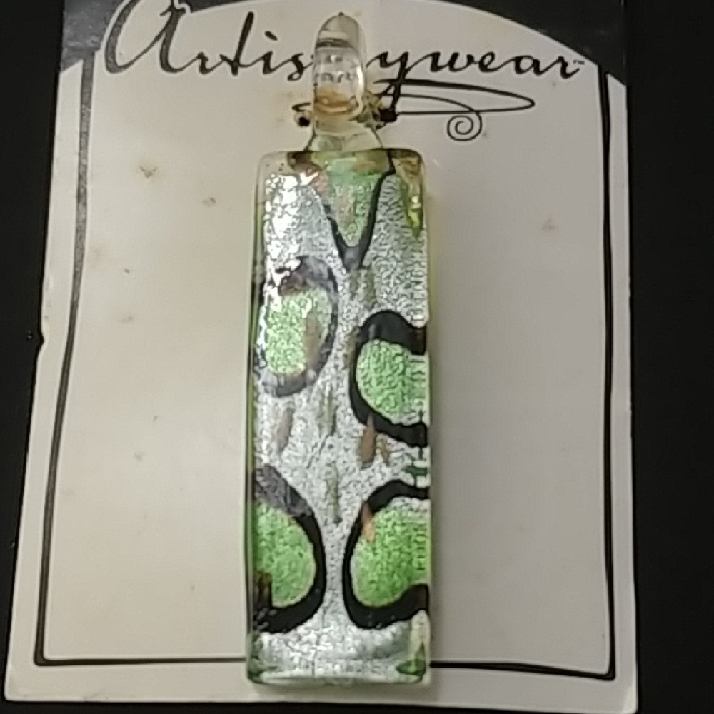 Green and Silver Glass Pendant with Gold Accents
